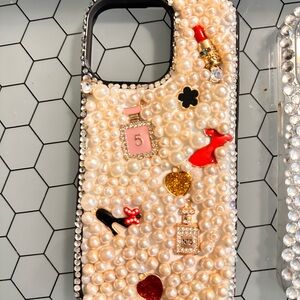 Faux Pearl Embellished Phone Case with Fashion Charms